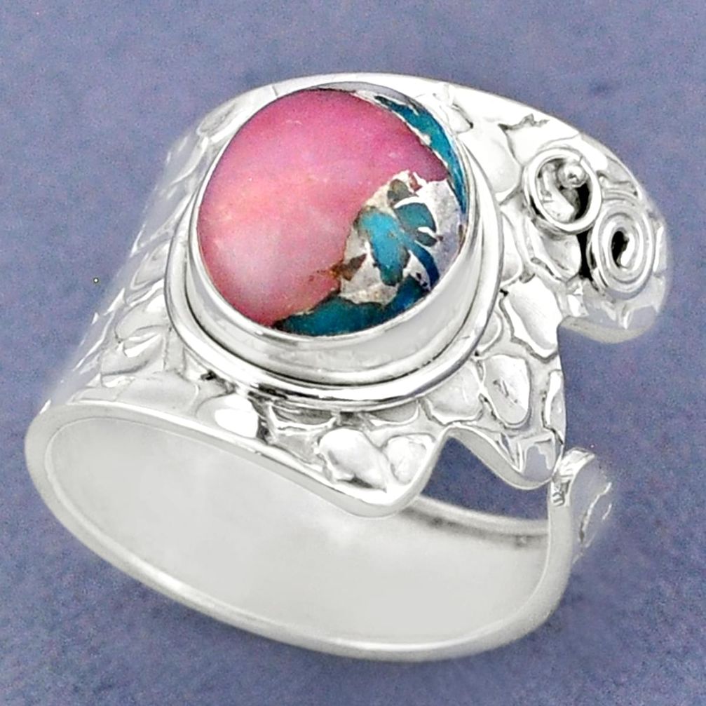 5.28cts natural pink opal in turquoise silver adjustable ring size 8.5 r63446