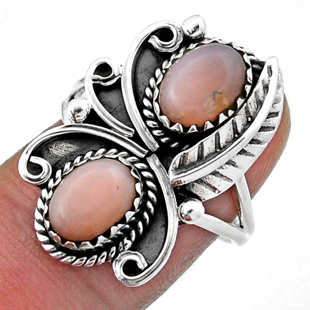 4.24cts natural pink opal oval 925 sterling silver leaf ring size 8 n46652