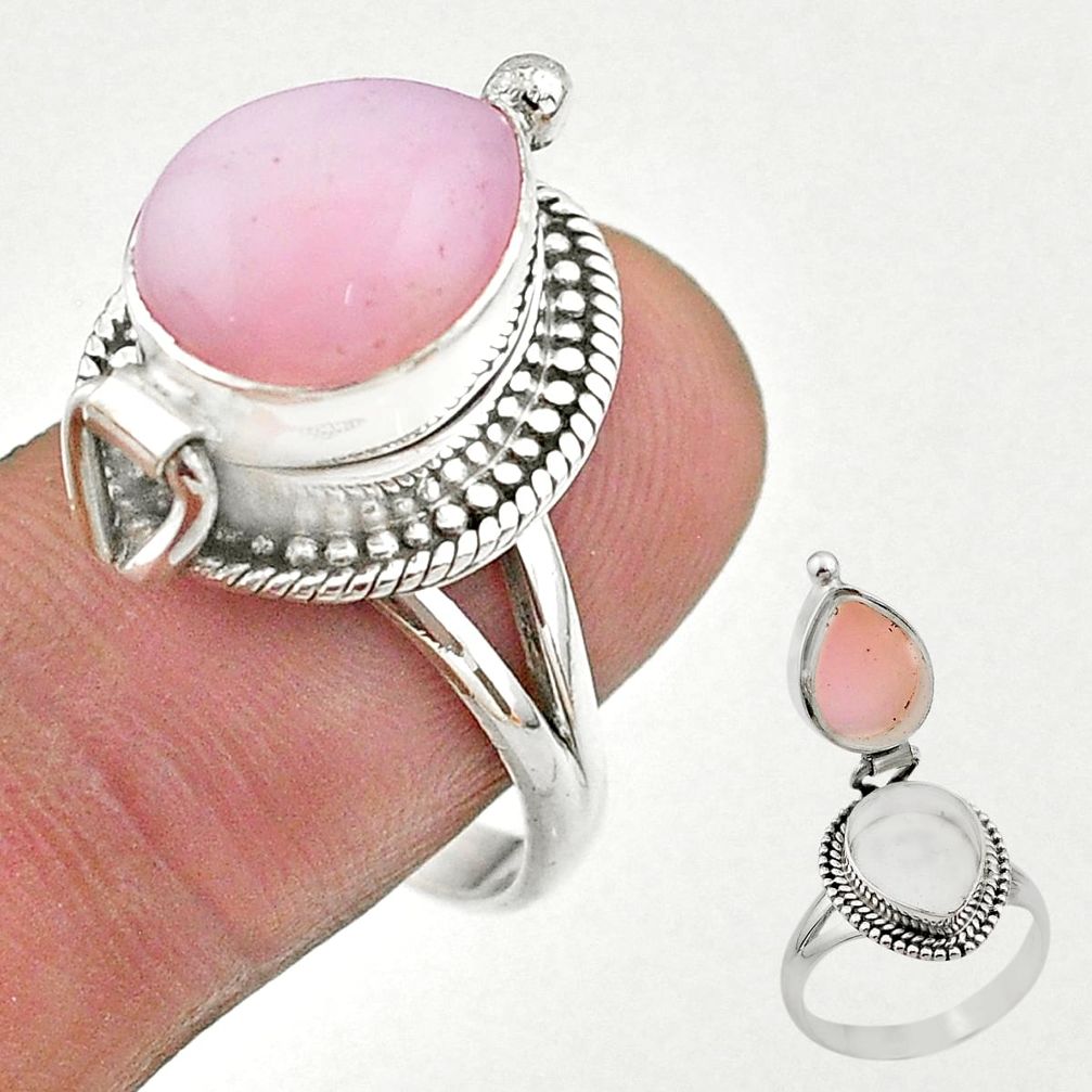 5.01cts natural pink opal oval silver poison box ring jewelry size 9 t45383