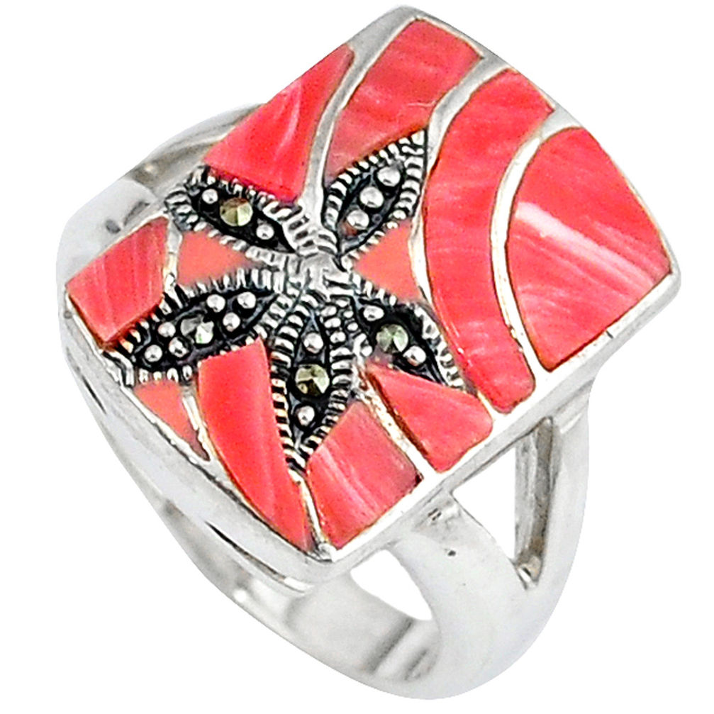 LAB Natural pink opal swiss marcasite 925 sterling silver ring size 7.5 c16356