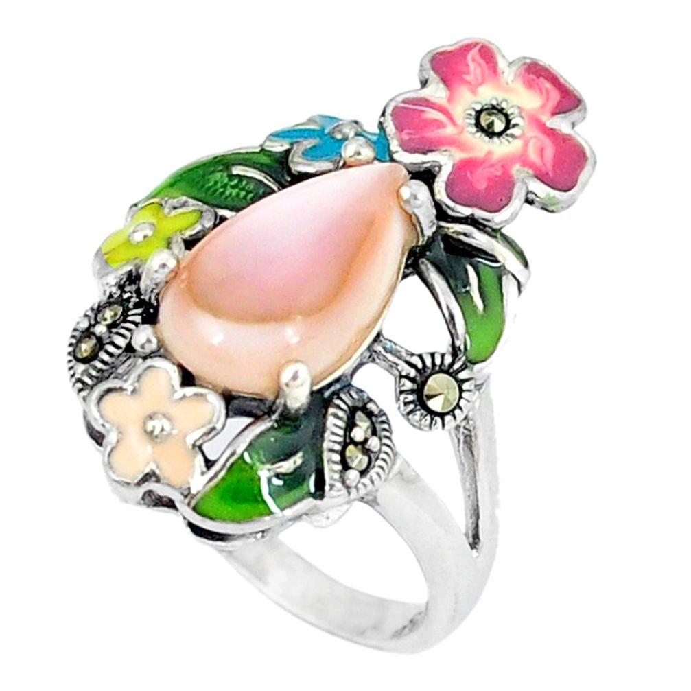 Natural pink pearl marcasite enamel 925 silver flower ring size 5.5 c21520