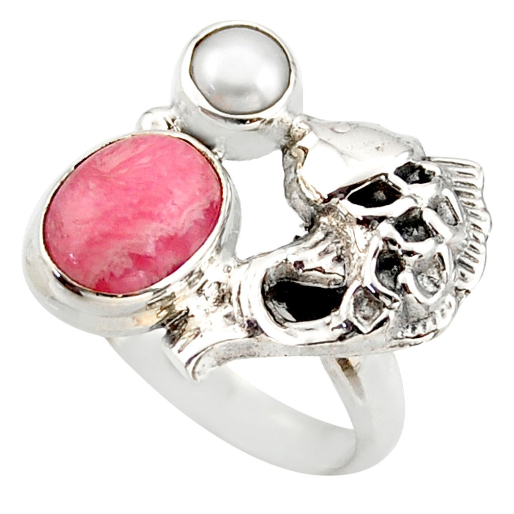 4.38cts natural pink rhodochrosite inca rose silver fish ring size 6.5 d46088