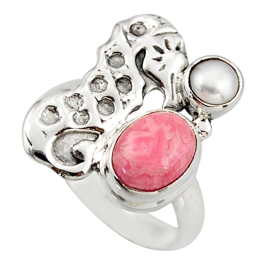 4.02cts natural pink rhodochrosite inca rose silver seahorse ring size 7 d46015