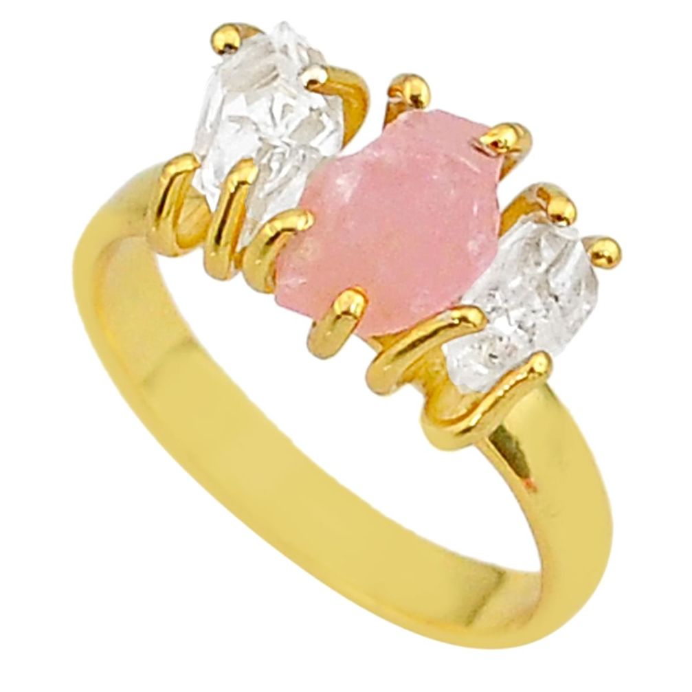 7.96cts natural pink rose quartz raw 14k gold handmade ring size 8 t14046