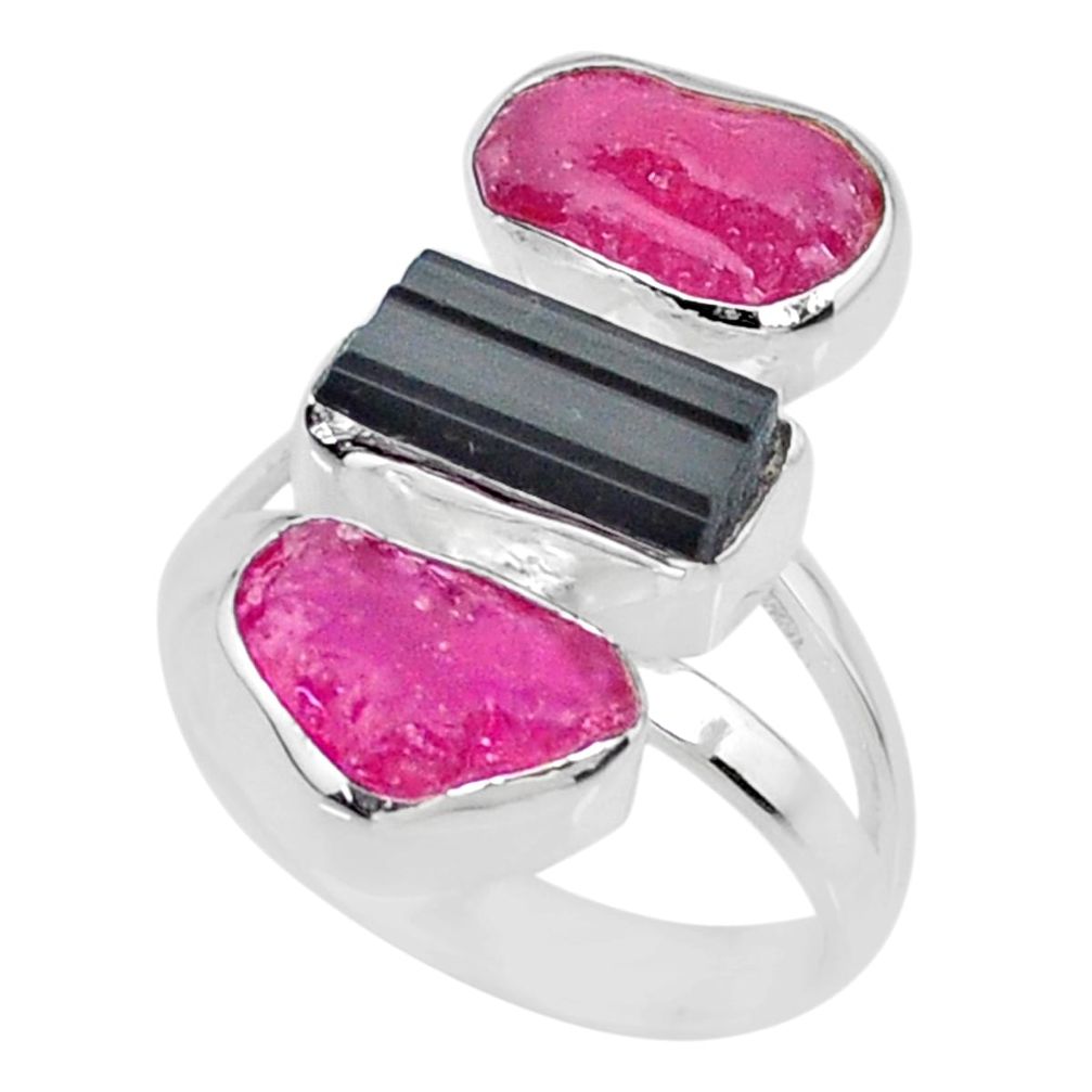 12.39cts natural pink ruby black tourmaline raw 925 silver ring size 7 r73815