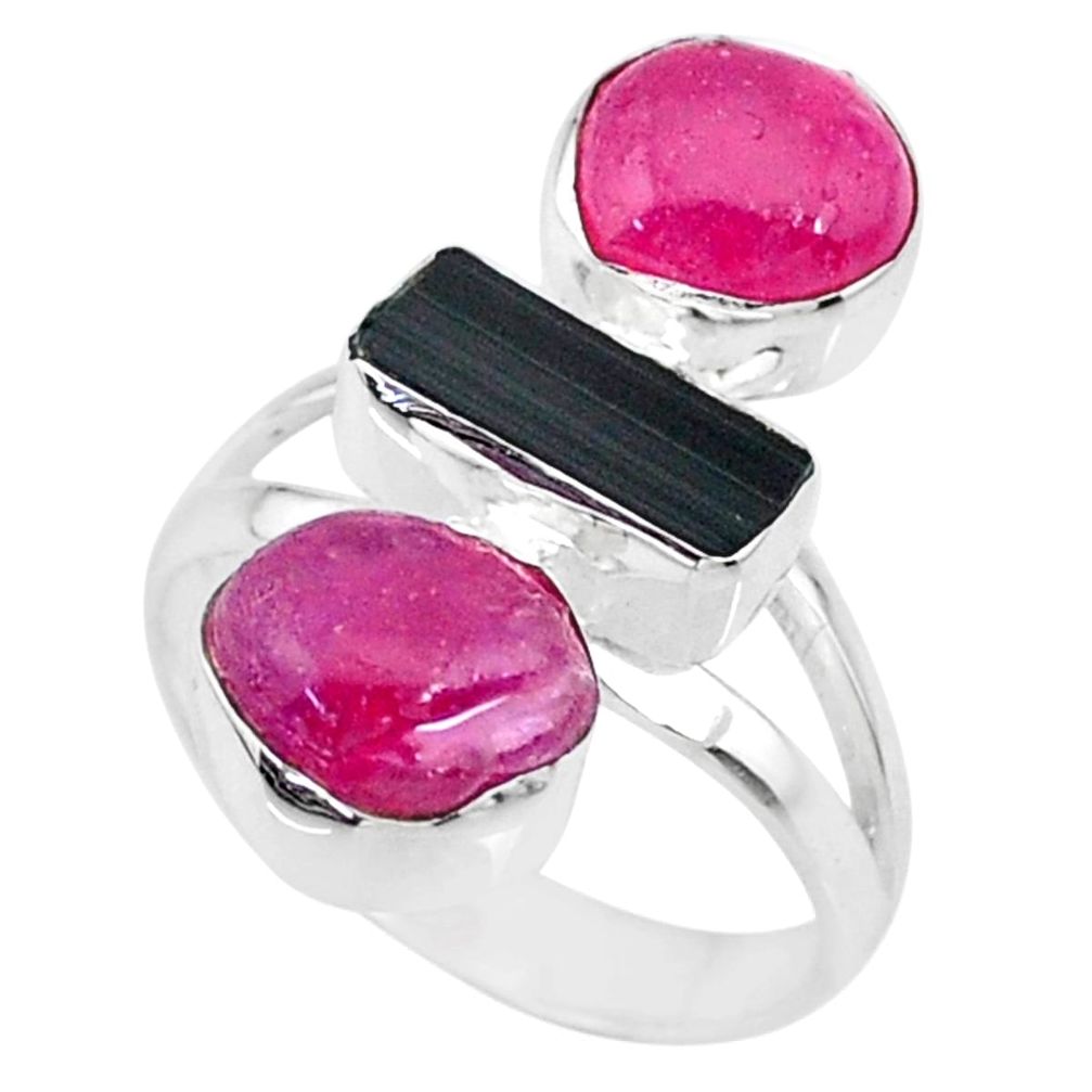 12.06cts natural pink ruby black tourmaline raw 925 silver ring size 7 r73818