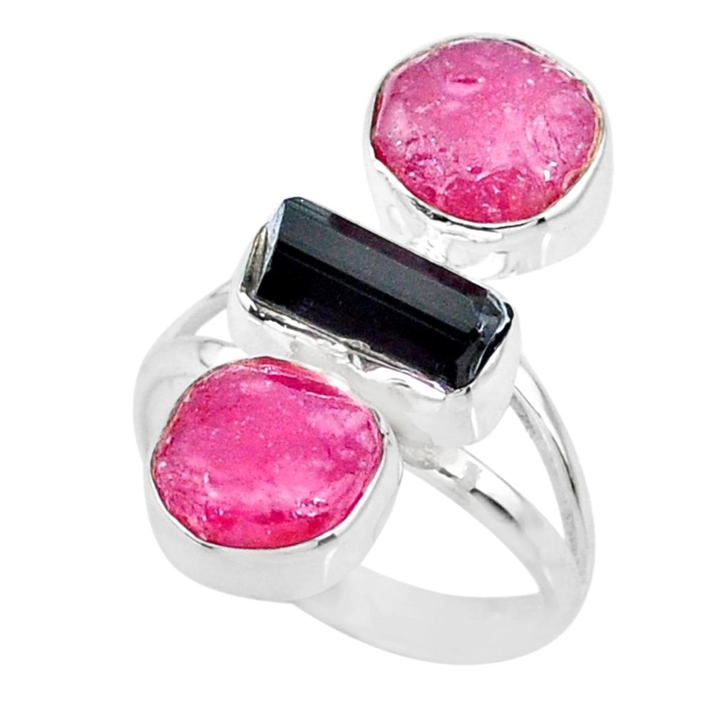 14.72cts natural pink ruby black tourmaline raw 925 silver ring size 8 r73819