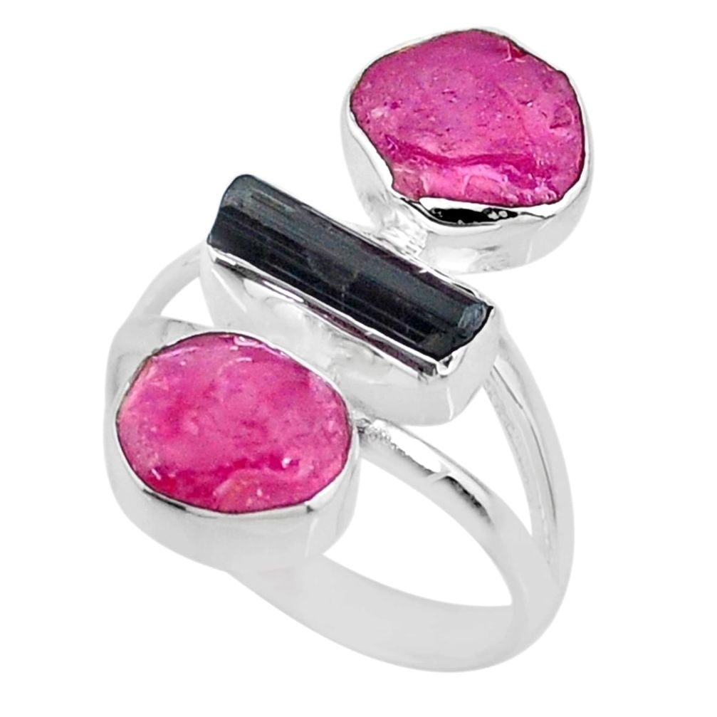 12.06cts natural pink ruby raw black tourmaline 925 silver ring size 8 r73811