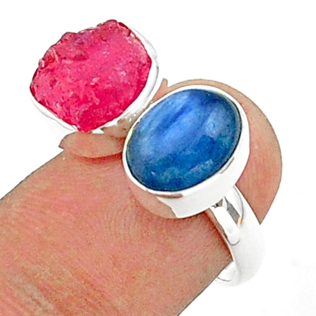 11.64cts natural pink ruby raw kyanite silver adjustable ring size 7 t38166