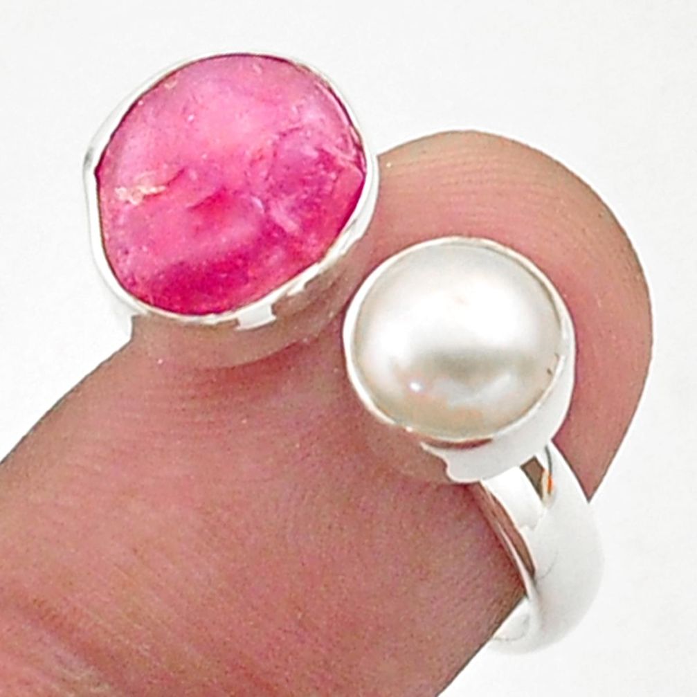 9.61cts natural pink ruby raw pearl 925 silver adjustable ring size 7 t38153