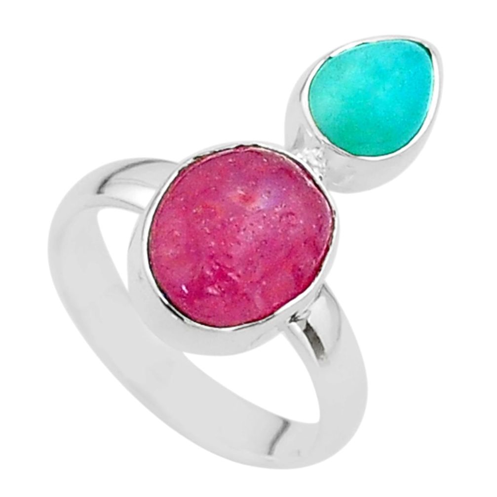 9.56cts natural pink ruby raw peruvian amazonite 925 silver ring size 7 t49841