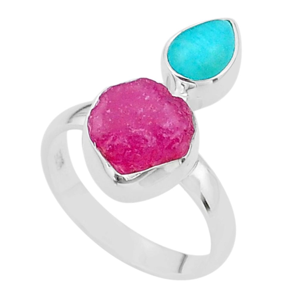 9.56cts natural pink ruby raw peruvian amazonite 925 silver ring size 8 t49843