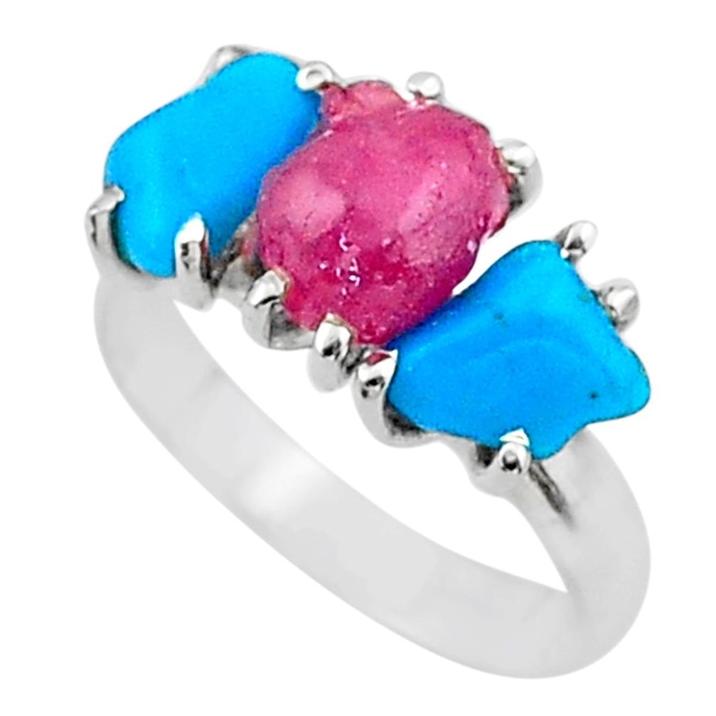 8.73cts natural pink ruby rough raw turquoise 925 silver ring size 8 t15074