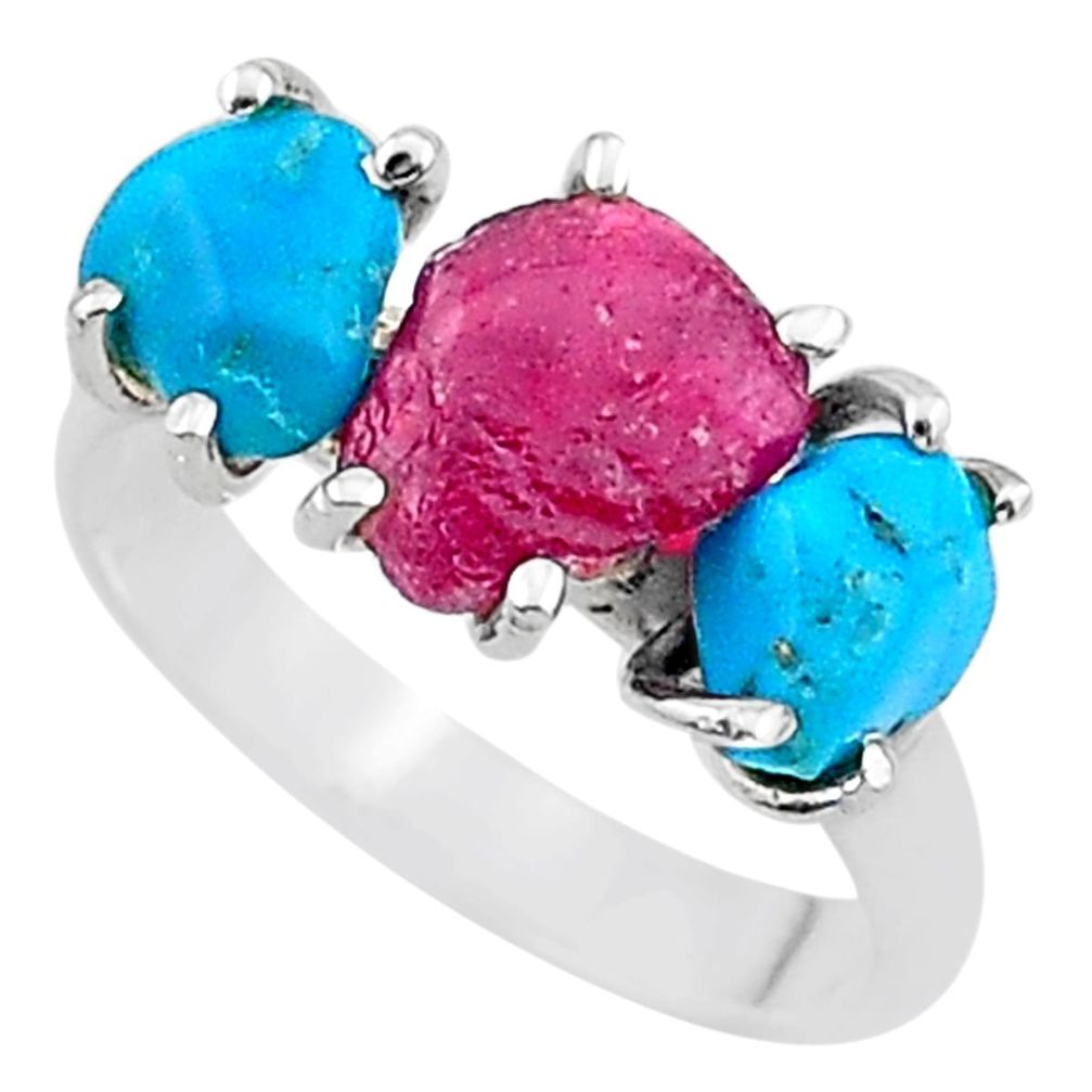 8.32cts natural pink ruby rough raw turquoise 925 silver ring size 8 t15076