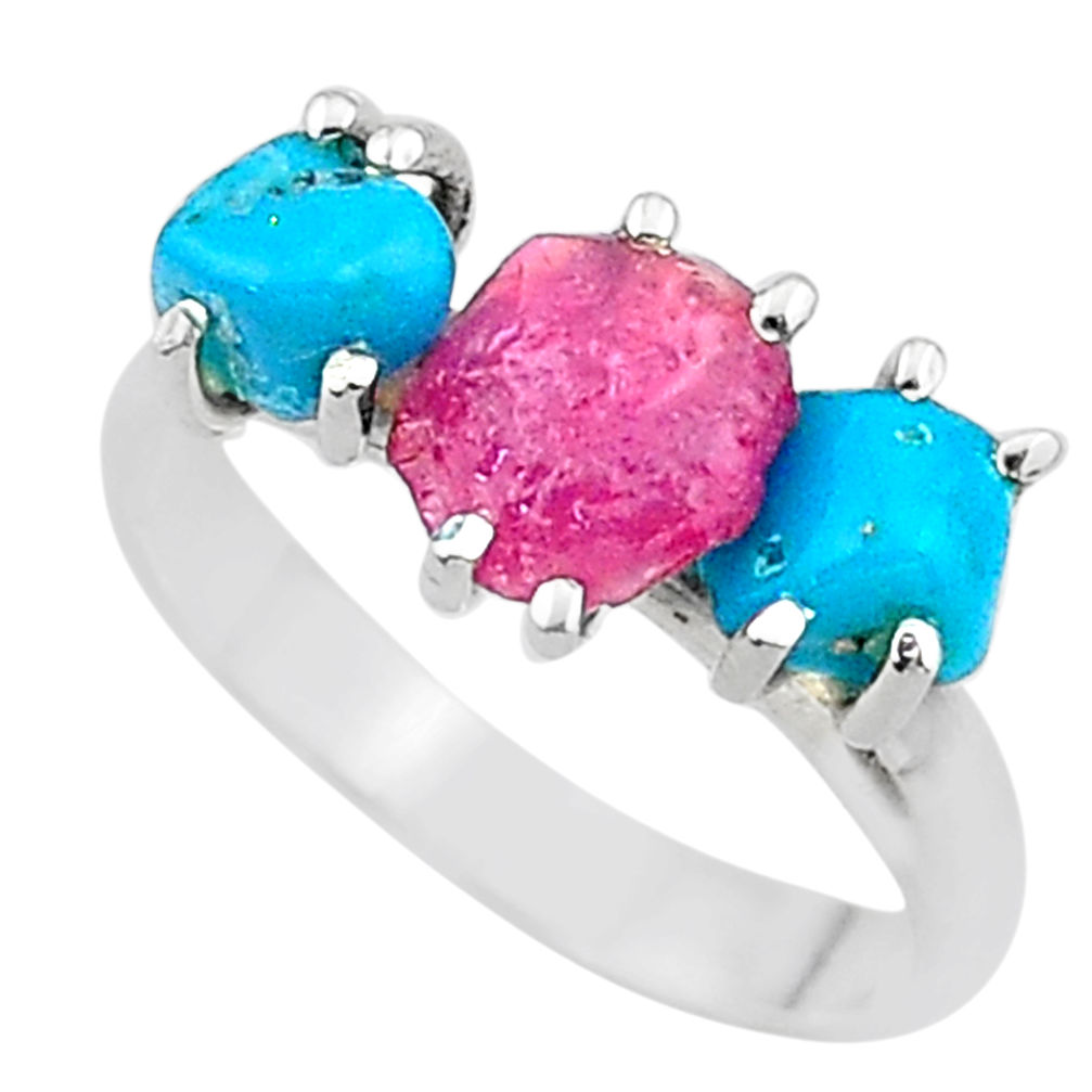 8.73cts natural pink ruby rough raw turquoise 925 silver ring size 9 t15075