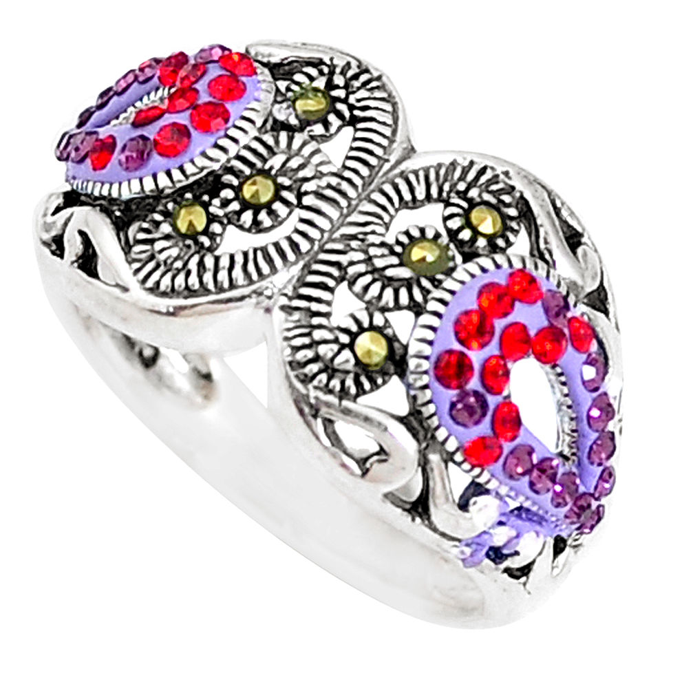 0.90cts natural pink topaz marcasite enamel 925 silver ring size 5.5 c21432