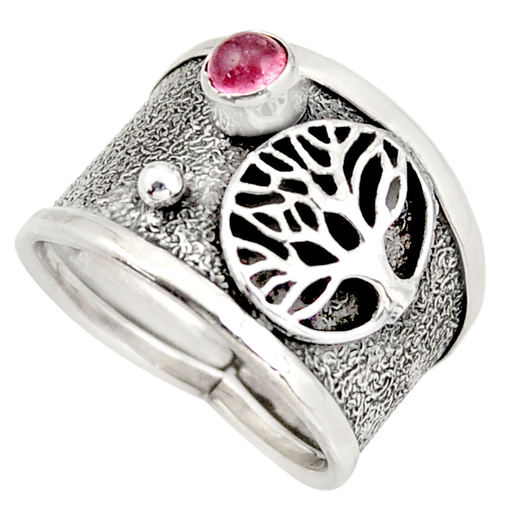 0.88cts natural pink tourmaline silver tree of life solitaire ring size 8 d45882