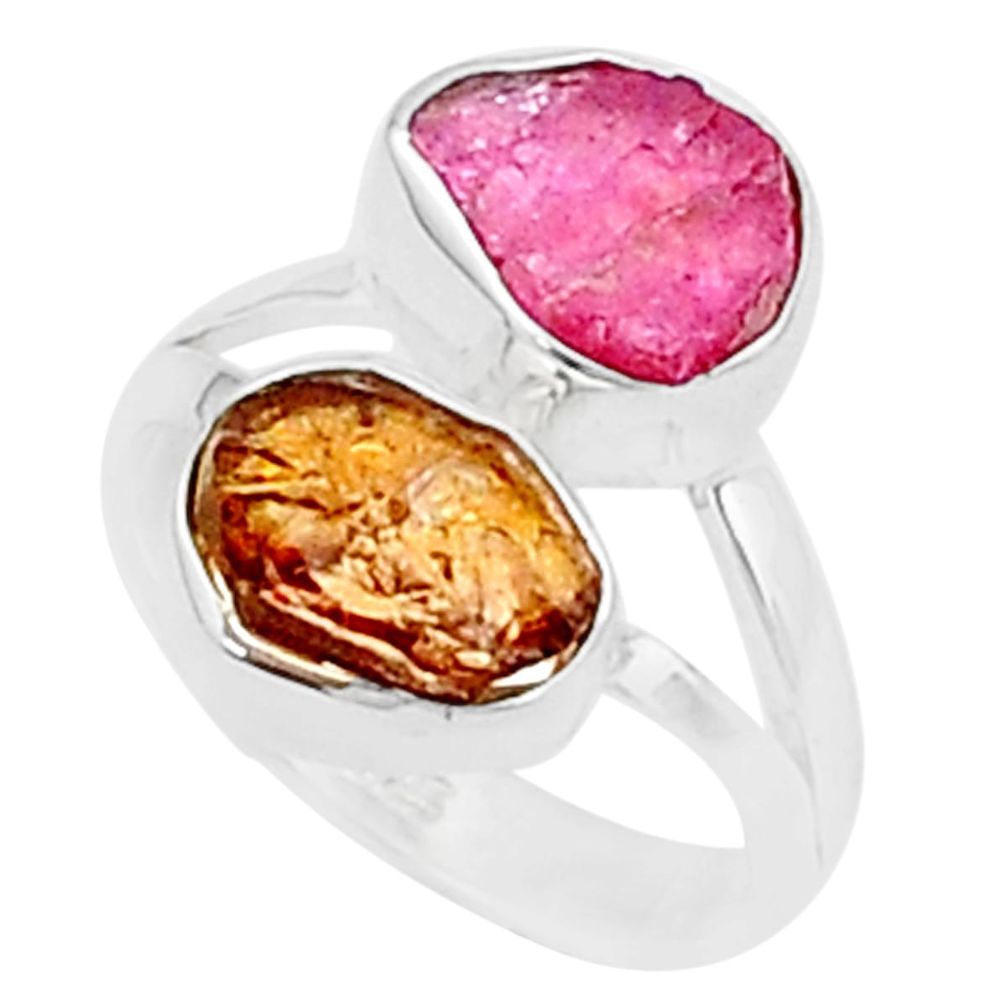 7.32cts natural pink yellow tourmaline rough fancy 925 silver ring size 6 u26624