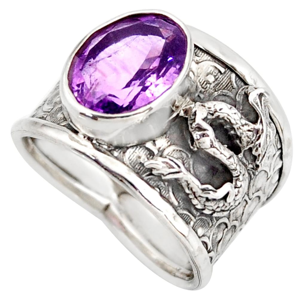 5.08cts natural purple amethyst 925 silver dragon solitaire ring size 8 d45921
