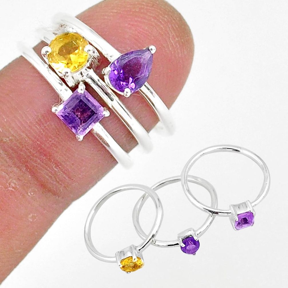 3.13cts natural purple amethyst citrine 925 silver 3 rings size 6 r93026