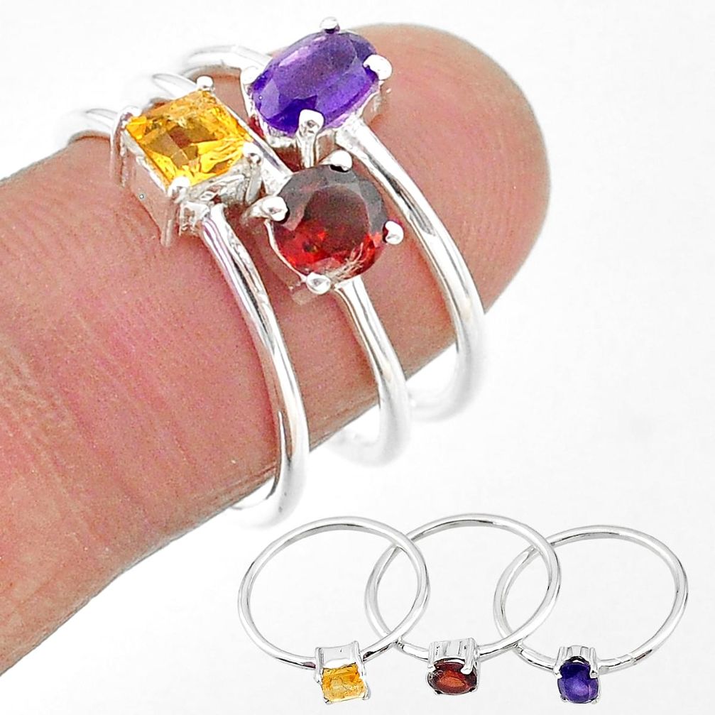 2.82cts natural purple amethyst citrine garnet 925 silver 3 rings size 7 t17726