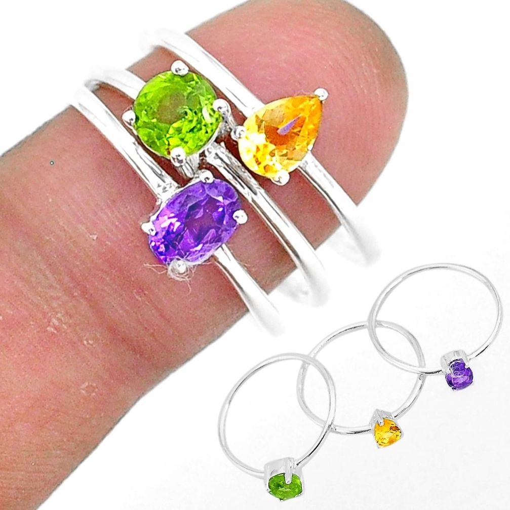 2.76cts natural purple amethyst citrine peridot 925 silver 3 rings size 8 r93126