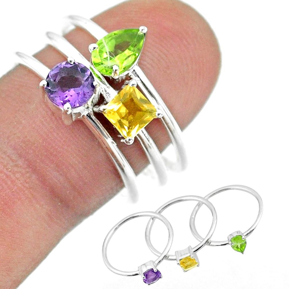 2.97cts natural purple amethyst citrine peridot 925 silver 3 rings size 8 t51014