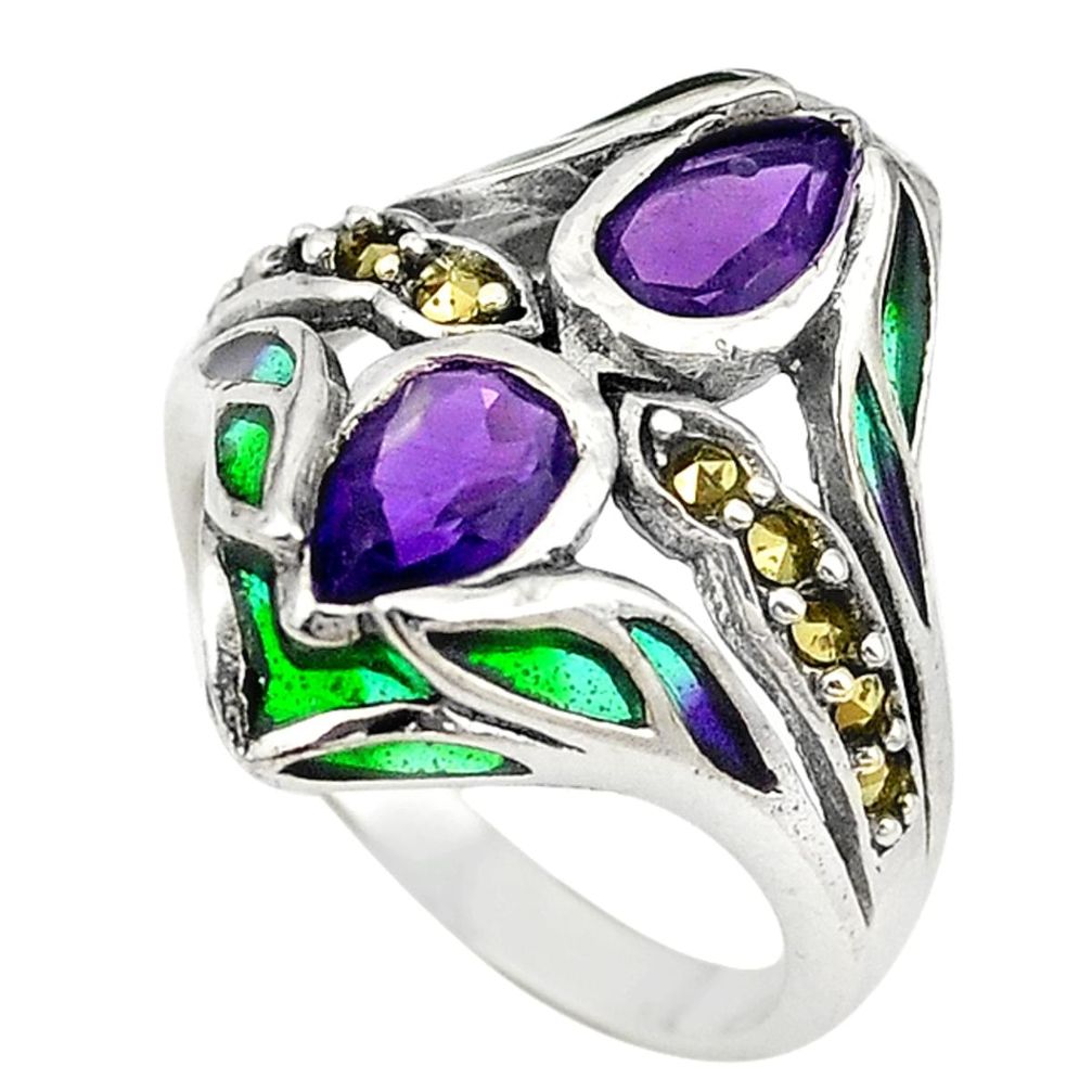 Natural purple amethyst enamel 925 sterling silver ring size 7.5 c22004