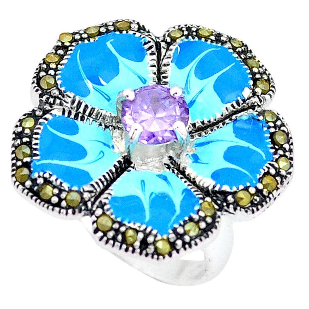 Natural purple amethyst marcasite 925 silver flower ring size 6.5 c18294