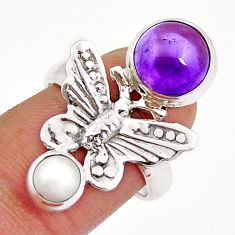 5.12cts natural purple amethyst pearl 925 silver butterfly ring size 7.5 y3908