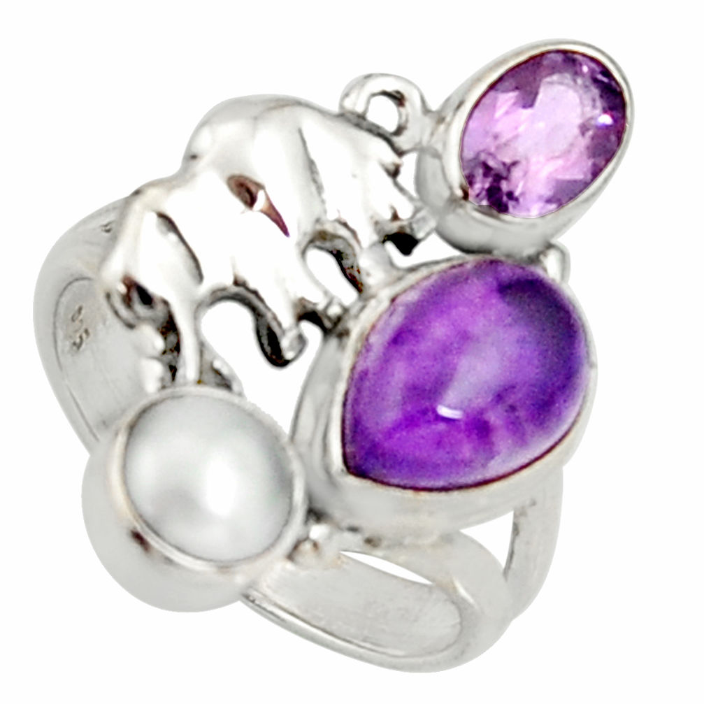 6.08cts natural purple amethyst pearl 925 silver elephant ring size 7.5 r22646