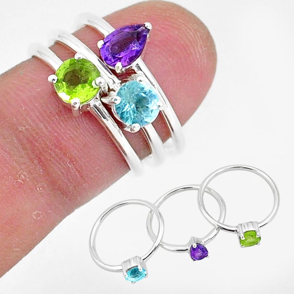 3.14cts natural purple amethyst peridot 925 silver 3 rings size 6 r93023