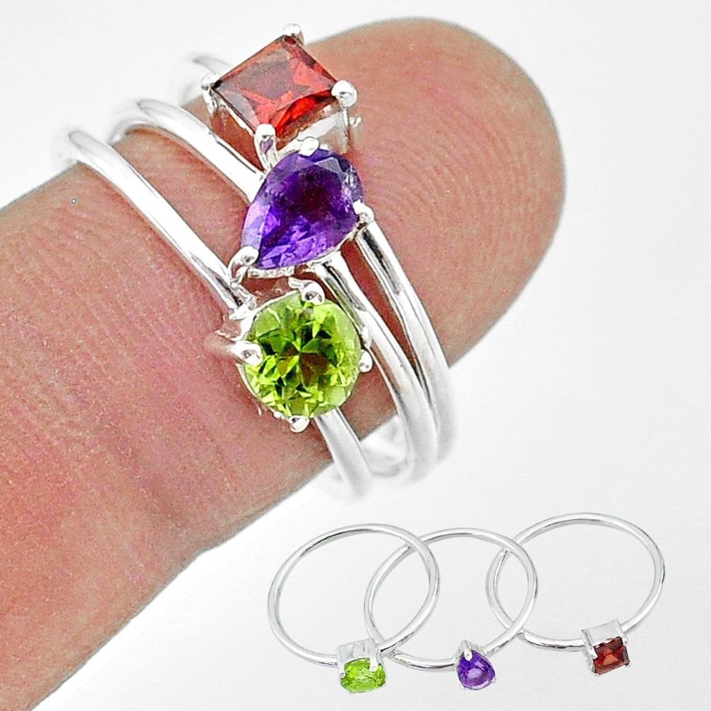 2.58cts natural purple amethyst peridot 925 sterling silver 3 ring size 8 t17642