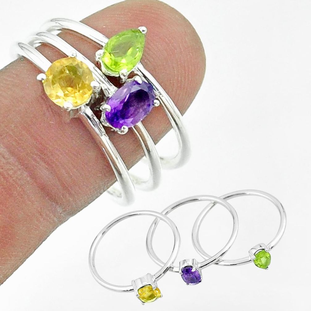 3.14cts natural purple amethyst peridot citrine 925 silver 3 rings size 9 t51472
