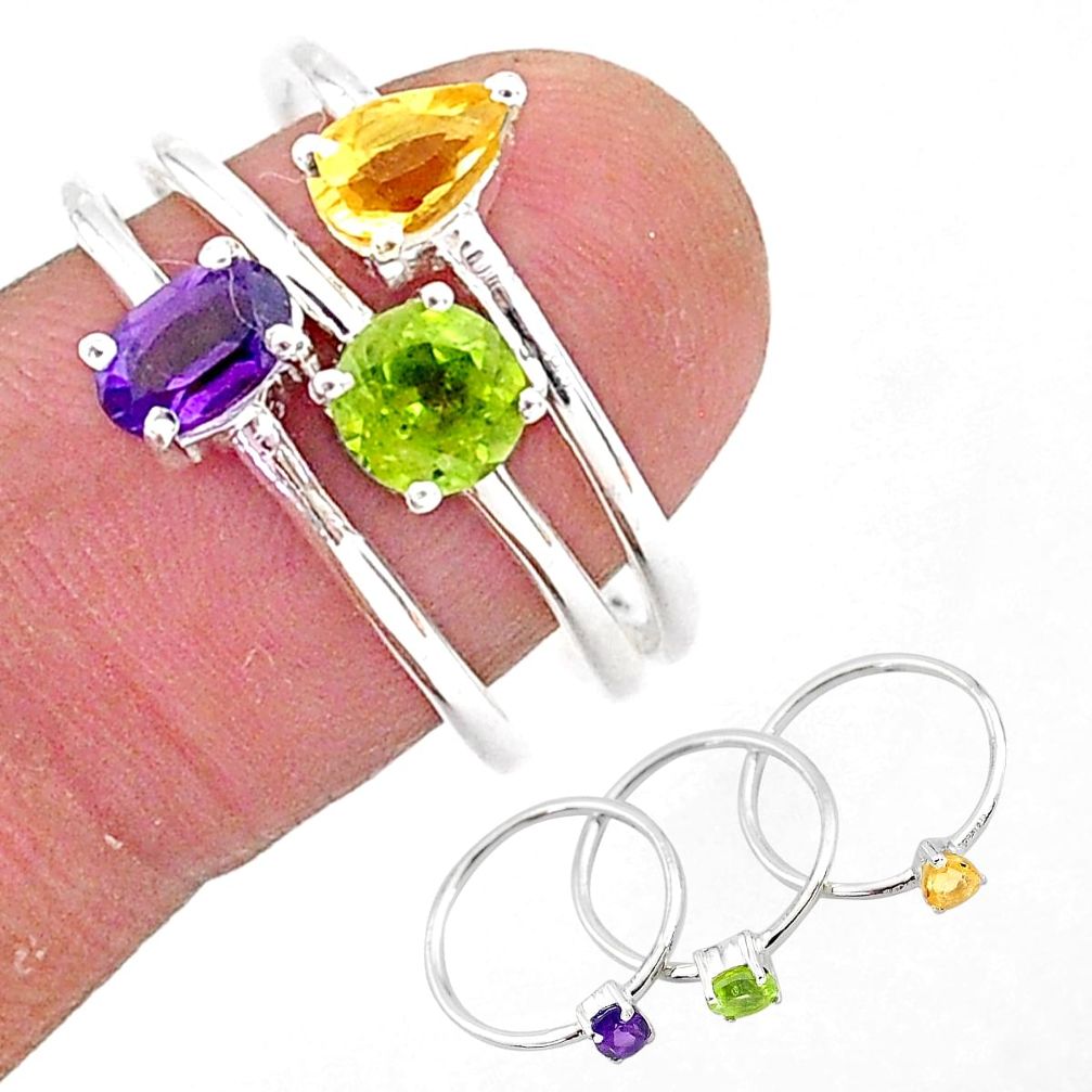 3.14cts natural purple amethyst peridot citrine silver 3 rings size 7.5 t4596