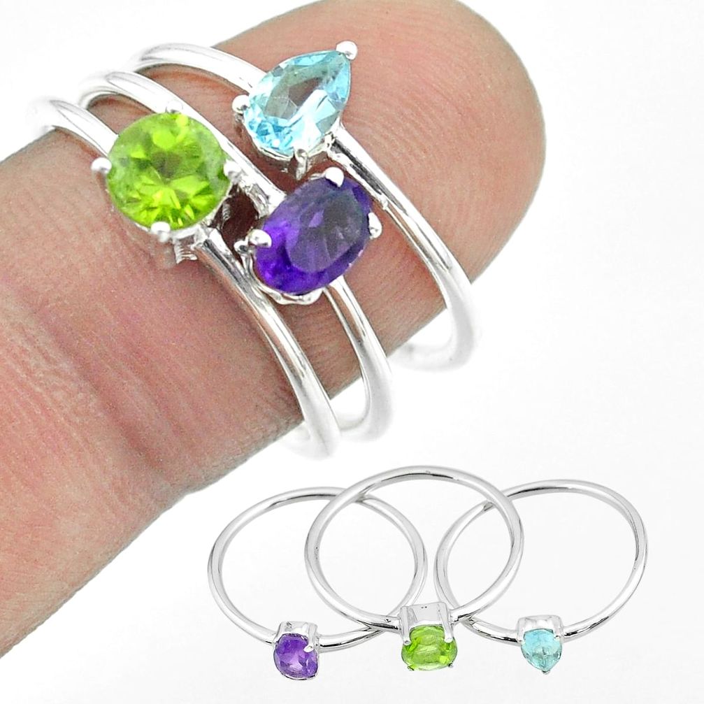 2.81cts natural purple amethyst peridot topaz 925 silver 3 rings size 8 t51037
