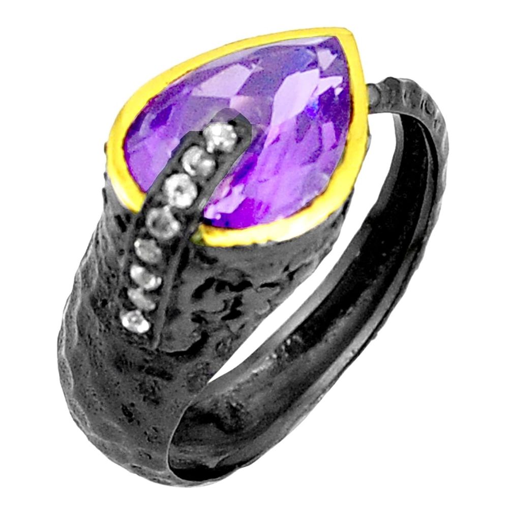 Natural purple amethyst rhodium silver two tone adjustable ring size 9 p23824