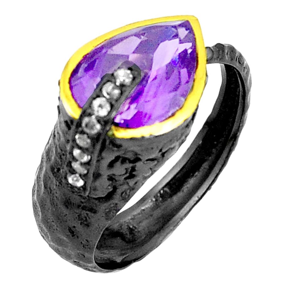 Natural purple amethyst rhodium silver two tone adjustable ring size 9 p23832