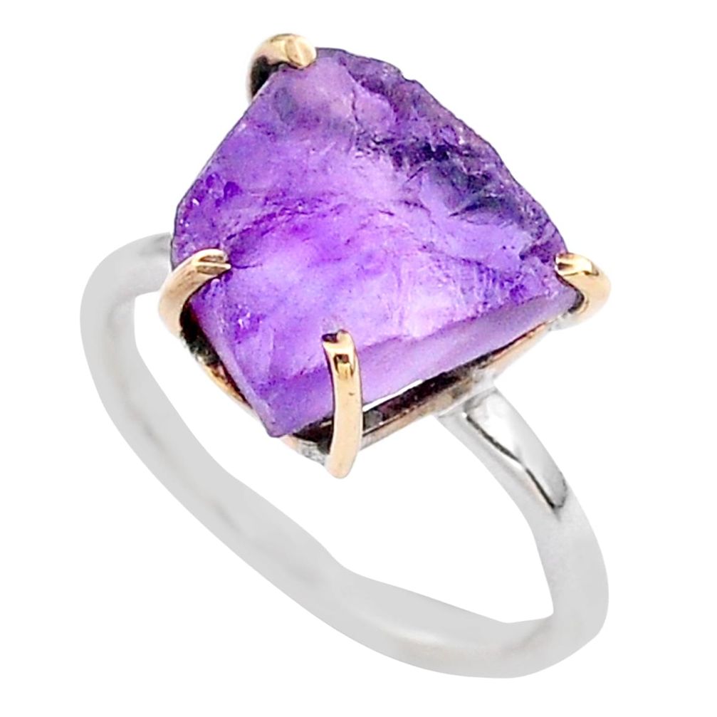 5.43cts natural purple amethyst raw 925 silver 14k gold ring size 7 t47105