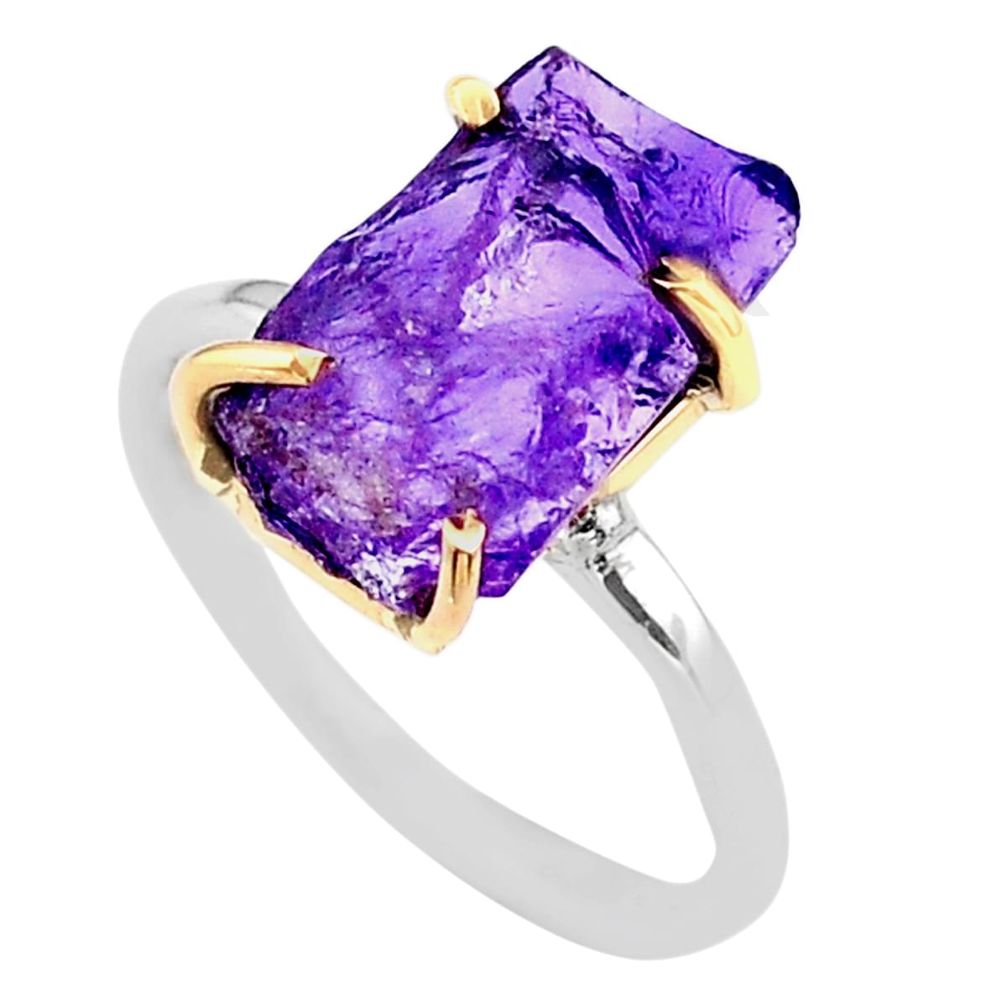5.54cts natural purple amethyst raw 925 silver 14k gold ring size 7 t47129