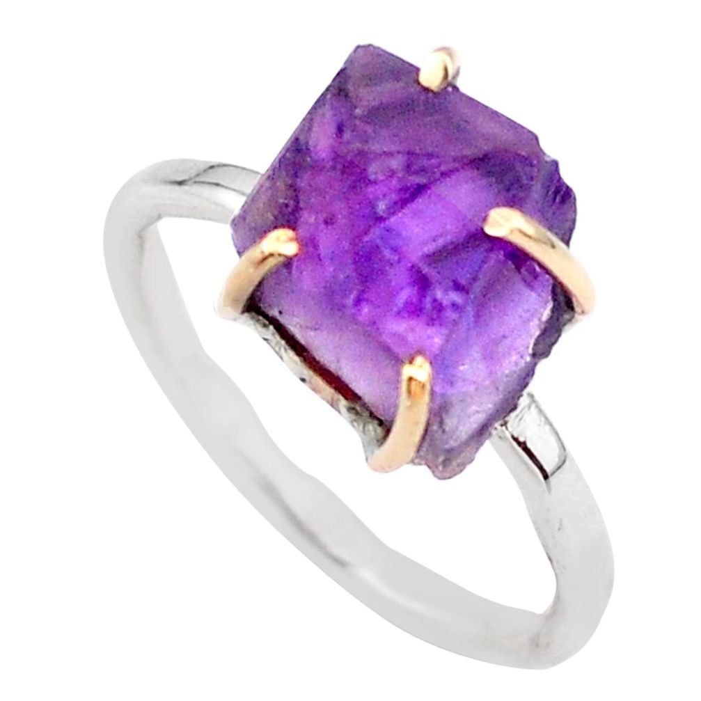 5.43cts natural purple amethyst raw 925 silver 14k gold ring size 8 t47107