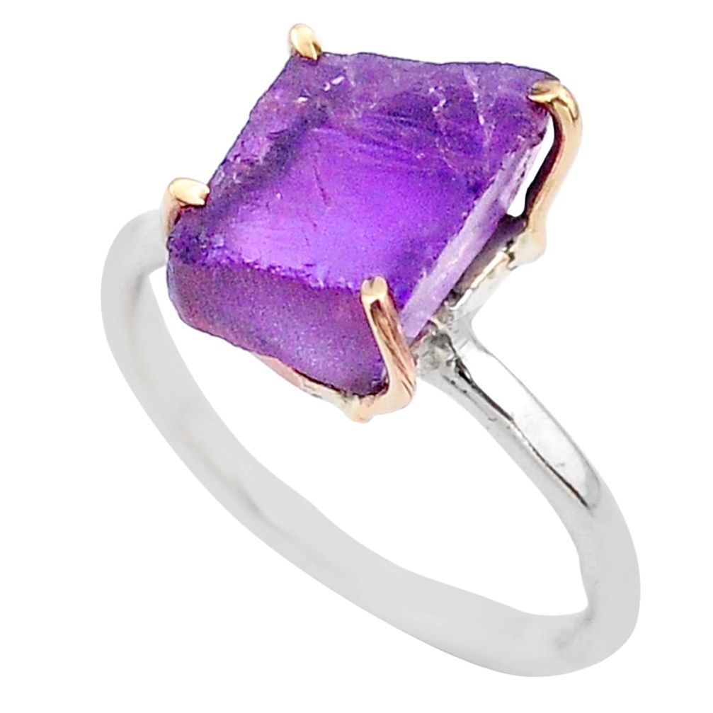 6.03cts natural purple amethyst raw 925 silver 14k gold ring size 8.5 t47103