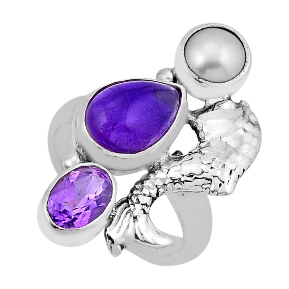 5.63cts natural purple amethyst white pearl 925 silver fish ring size 5 n44561