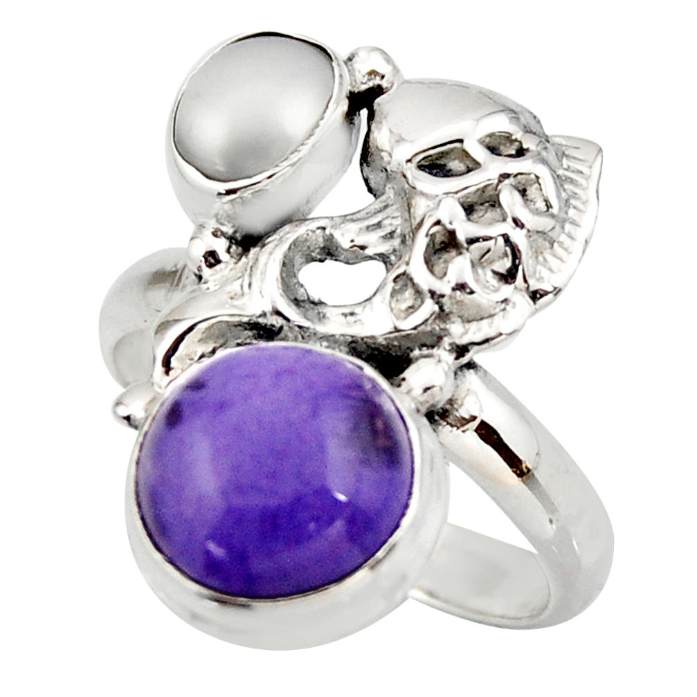 6.89cts natural purple charoite (siberian) 925 silver fish ring size 8 d46083