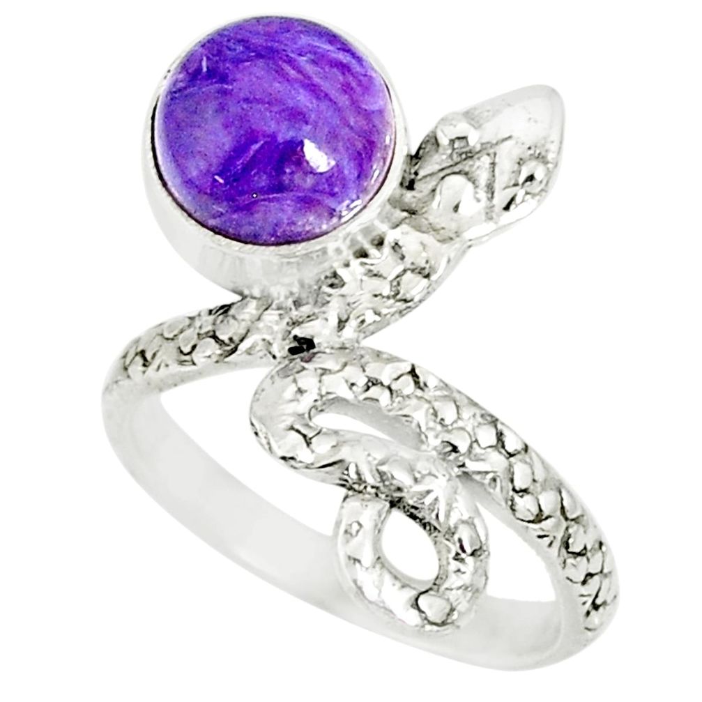 3.29cts natural purple charoite (siberian) 925 silver snake ring size 5.5 r78610