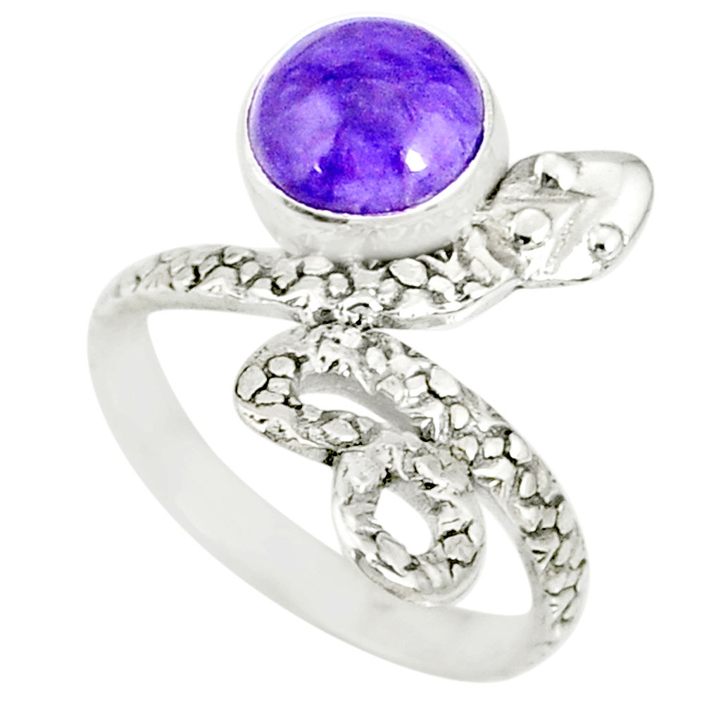 3.26cts natural purple charoite (siberian) 925 silver snake ring size 6.5 r78621