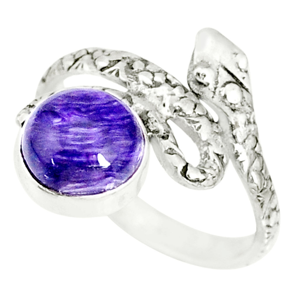 3.08cts natural purple charoite (siberian) 925 silver snake ring size 6.5 r78642