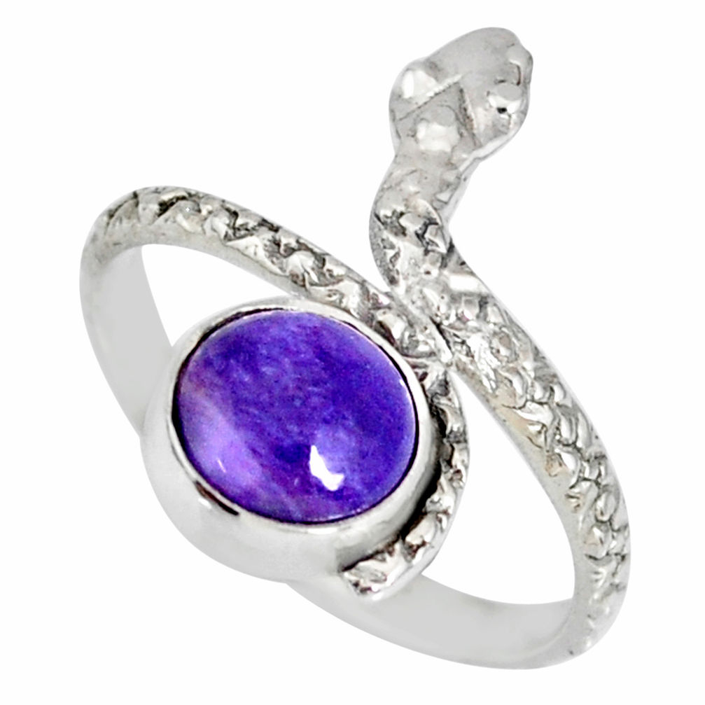 3.26cts natural purple charoite (siberian) 925 silver snake ring size 8.5 r78669