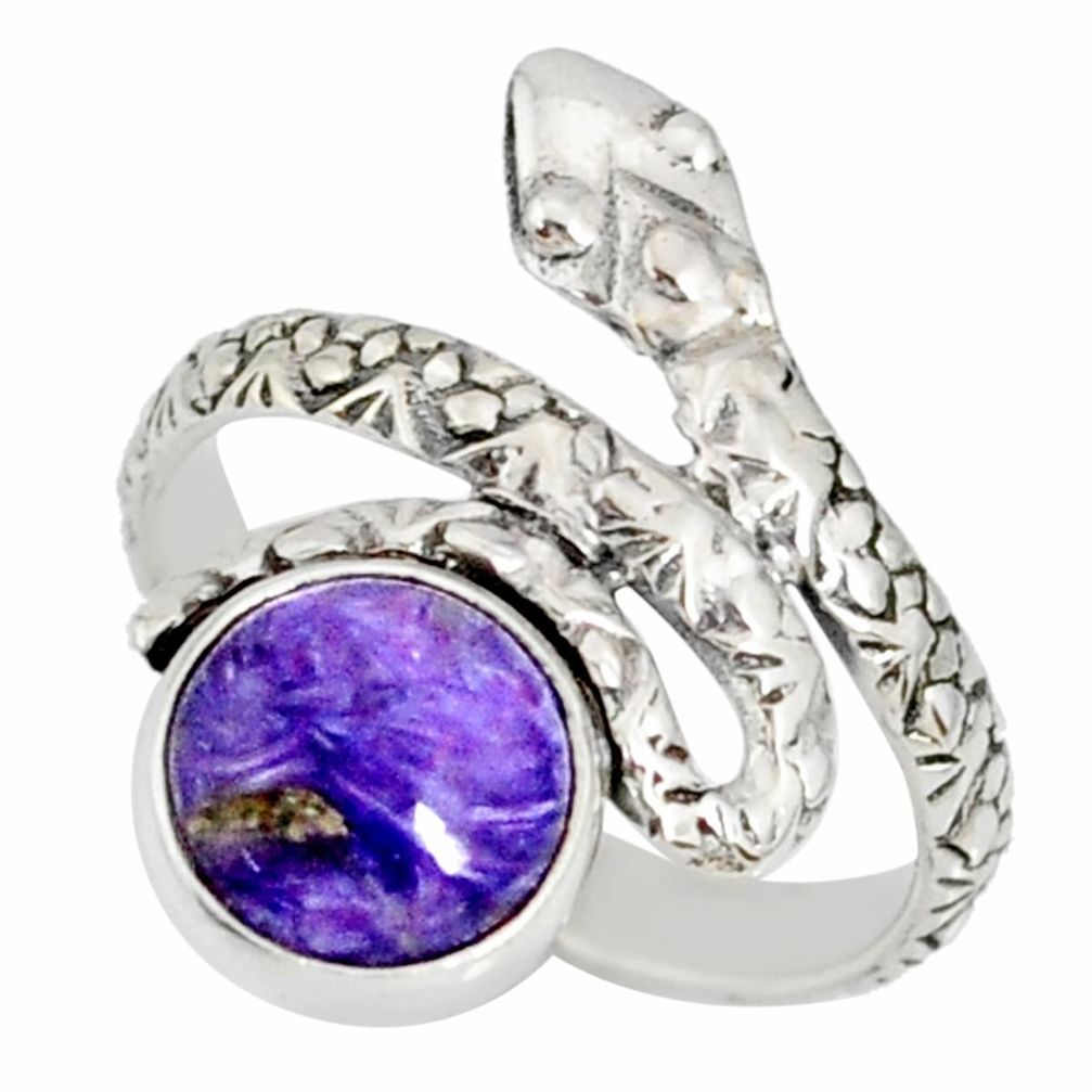 3.26cts natural purple charoite (siberian) 925 silver snake ring size 5.5 r78670