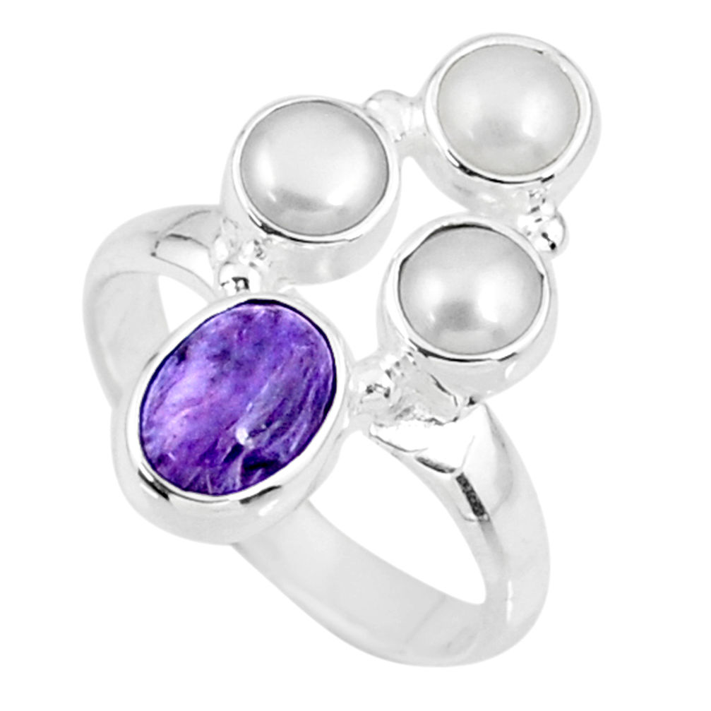 4.93cts natural purple charoite (siberian) pearl 925 silver ring size 7.5 r57553